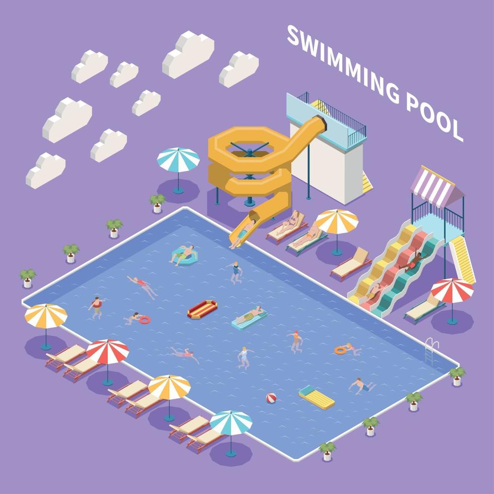 Ilustración de vector de composición de parque acuático de piscina abierta