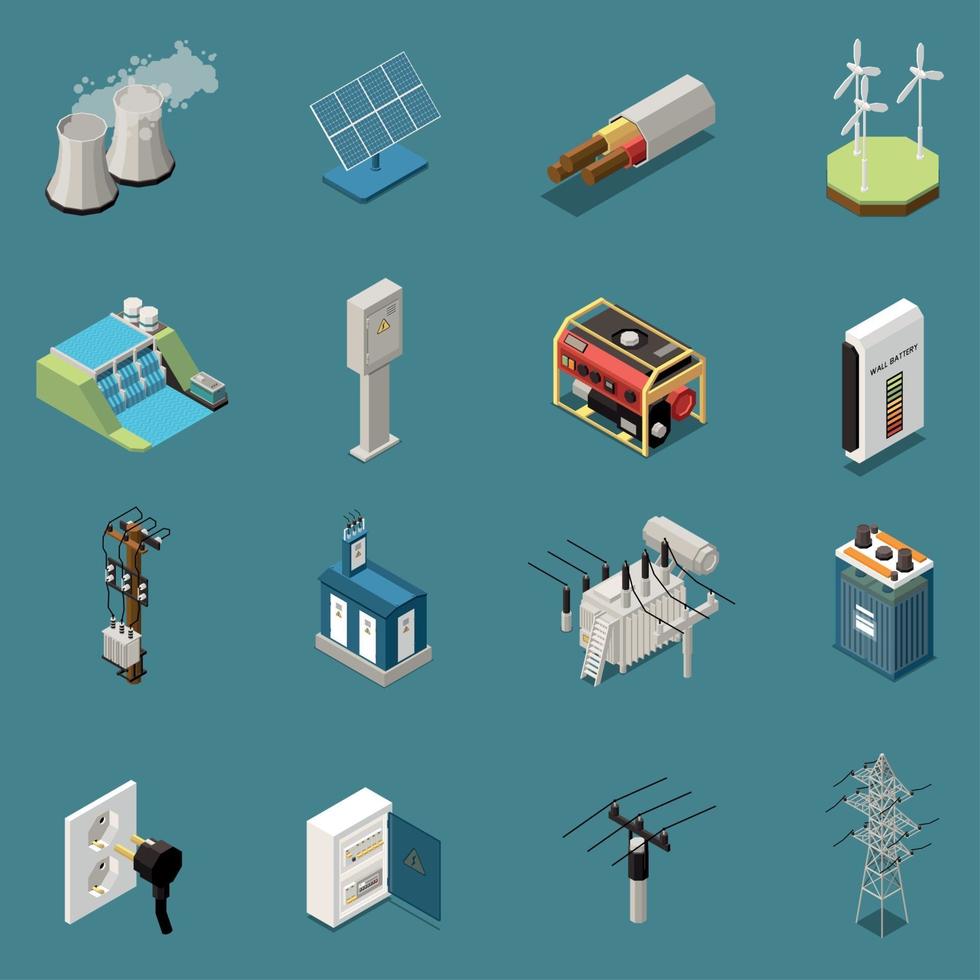 Ilustración de vector de colección de iconos de electricidad isométrica