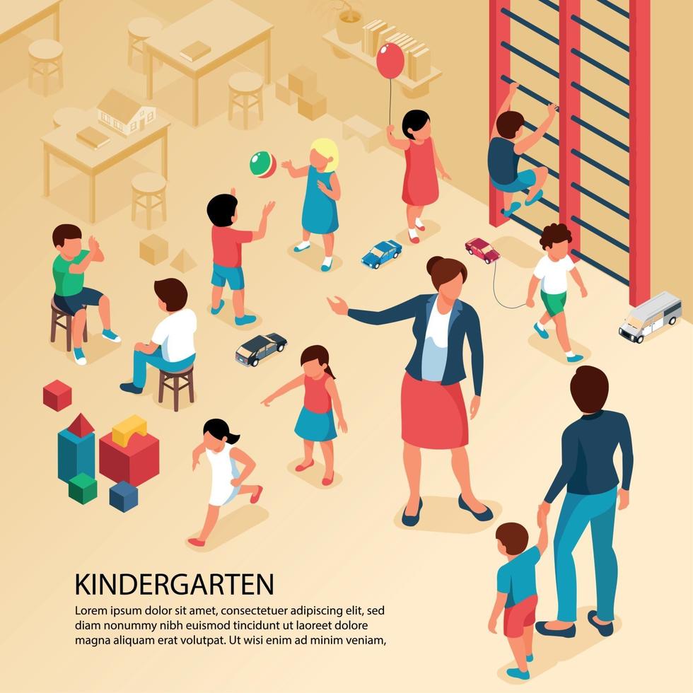 Kindergarten Children Isometric Composition Vector Illustration