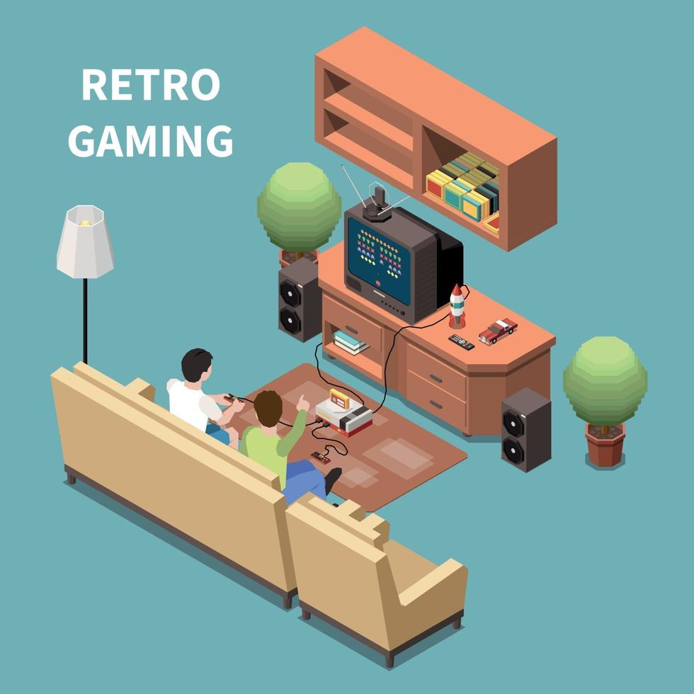 Retro Gaming Isometric Composition Vector Illustration