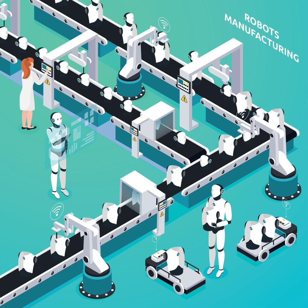 Robots Manufacturing Isometric Composition Vector Illustration