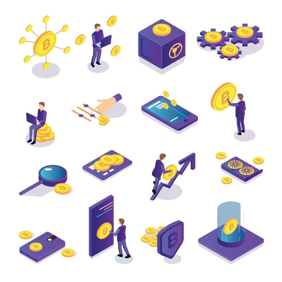 Isometric Cryptocurrency Icons Set Vector Illustration
