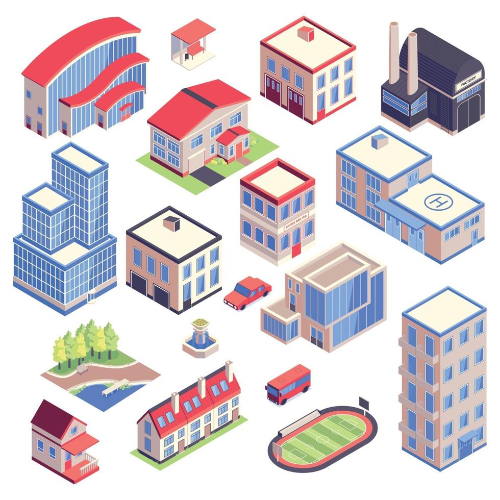 Ilustración de vector de conjunto isométrico de edificios de ciudad