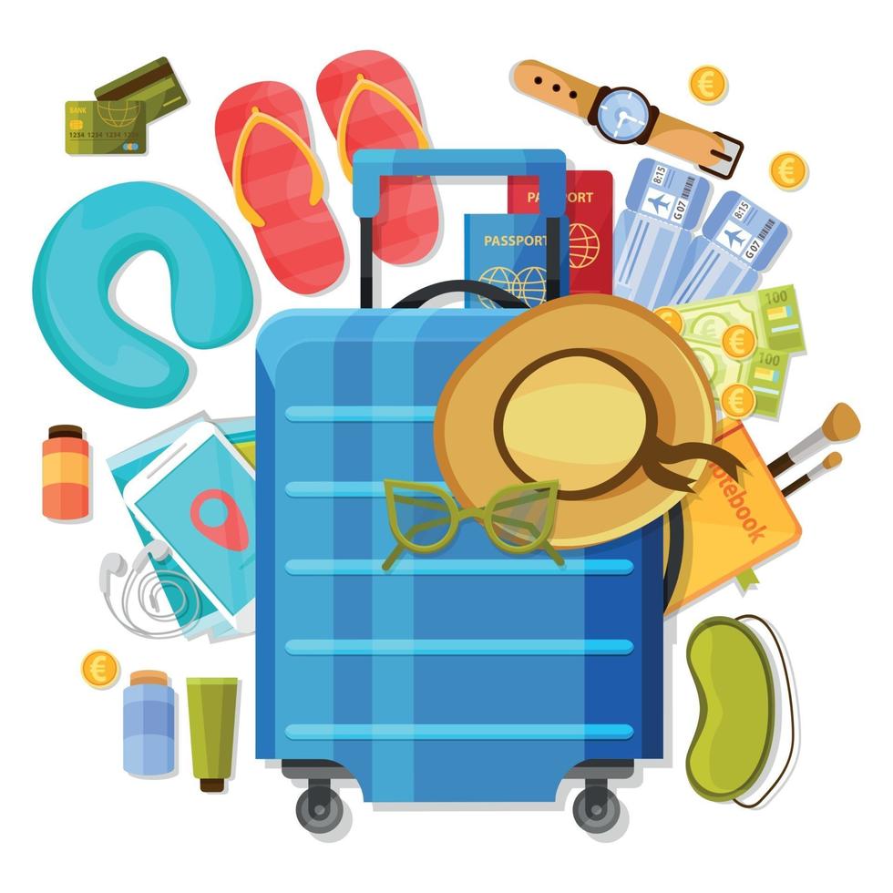 Suitcase Tourism Items Composition Vector Illustration