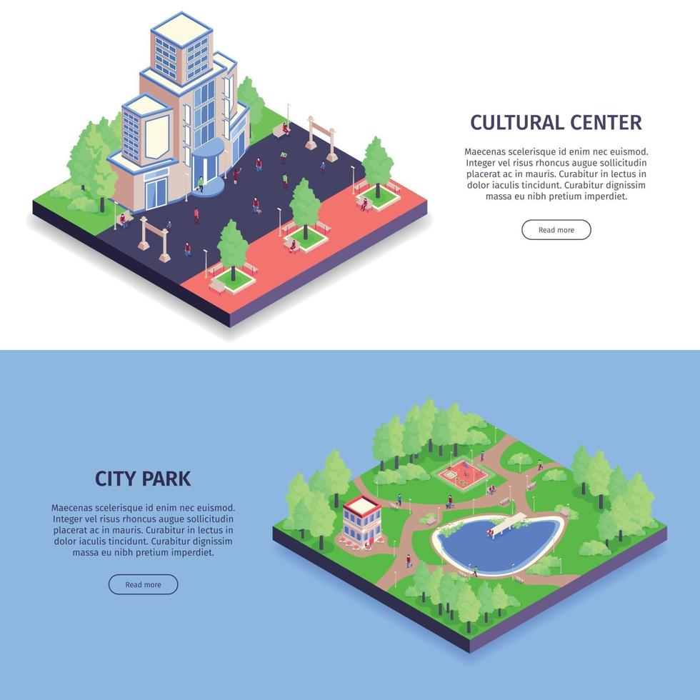 Isometric Urban Horizontal Banner Set Vector Illustration