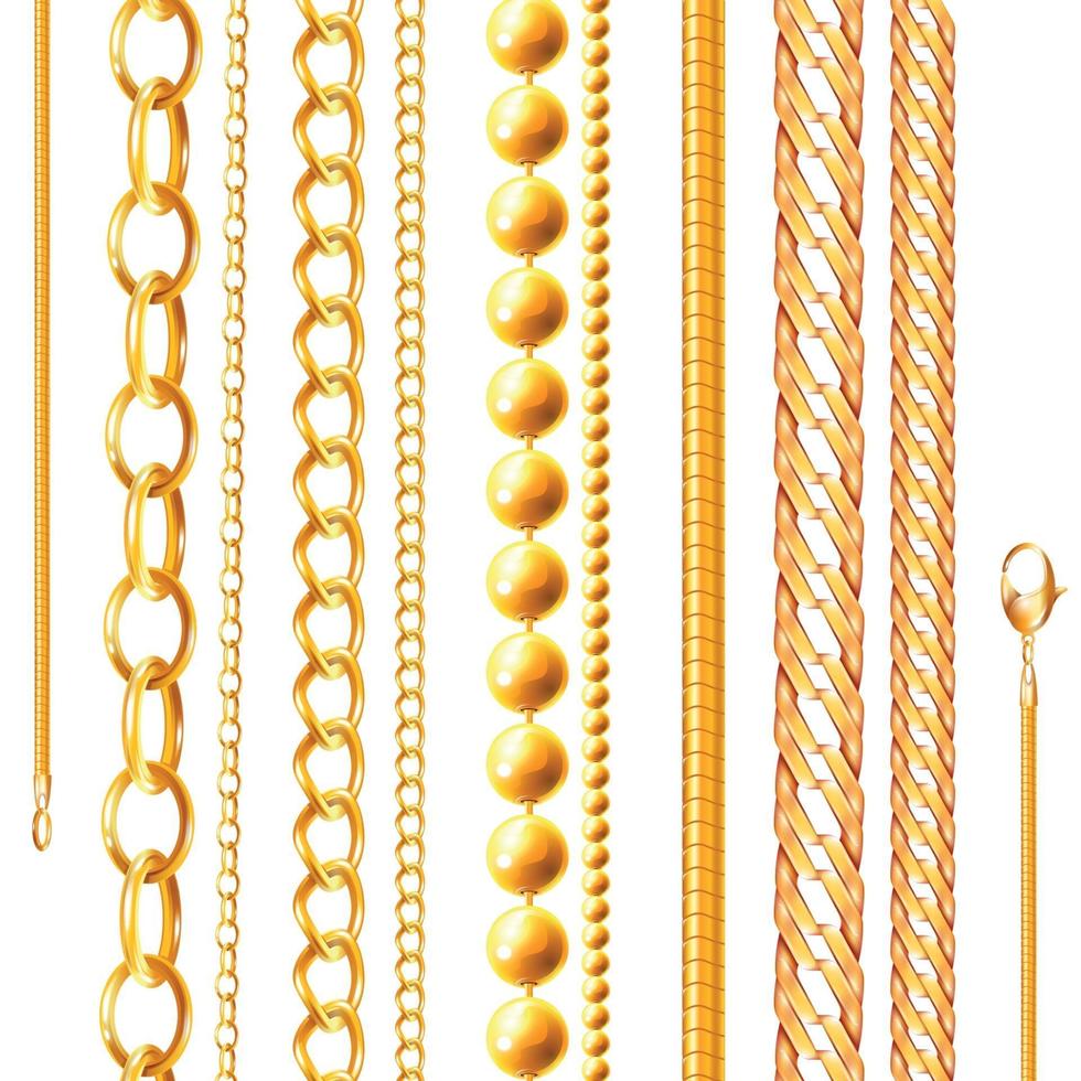 Realistic Golden Chains Set Vector Illustration