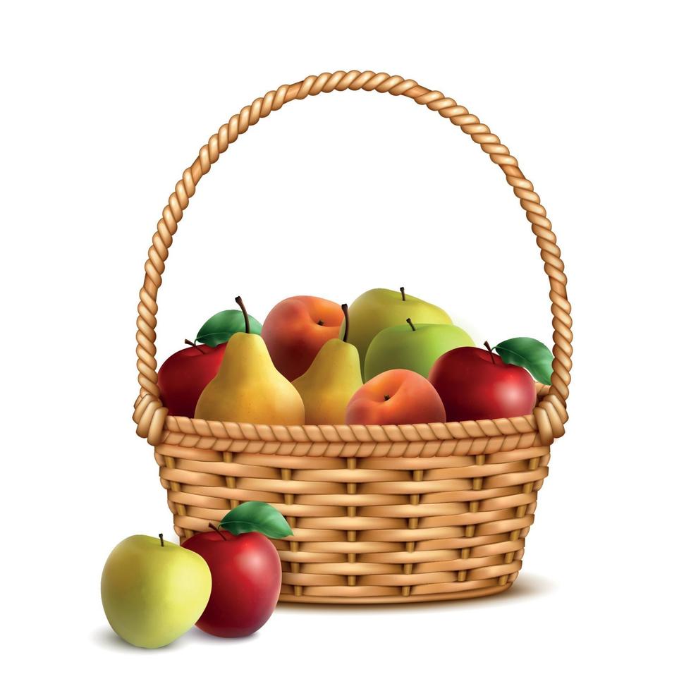 Wicker Basket Fruits Realistic Vector Illustration