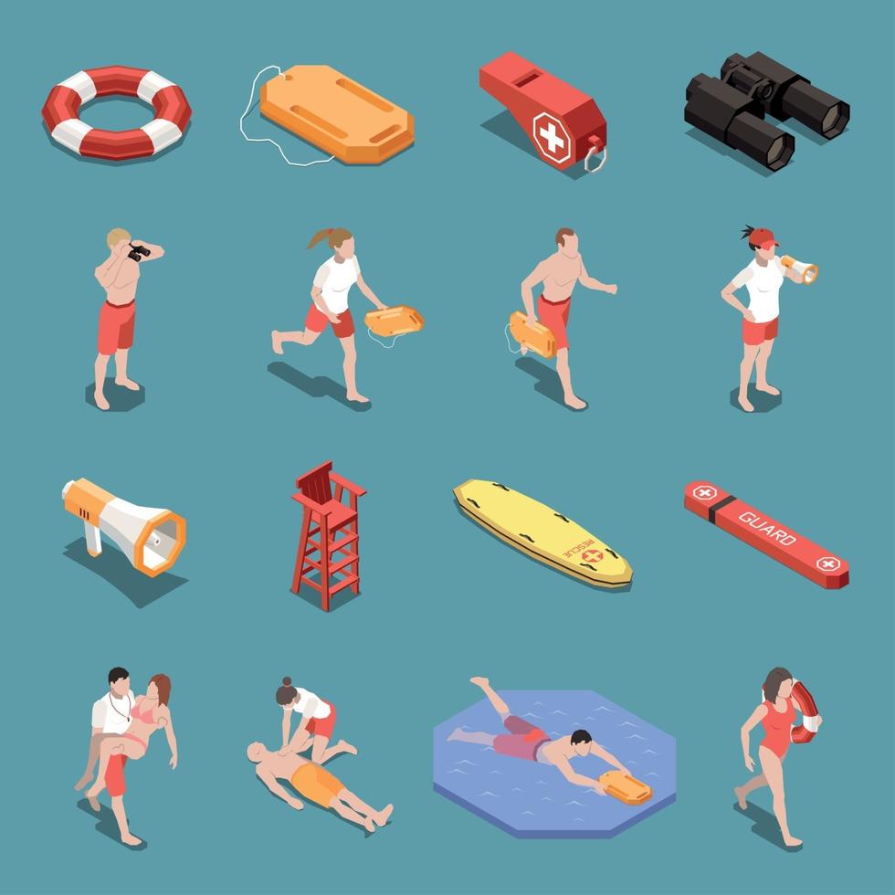 Beach Lifeguards Isometric Set Vector Illustration