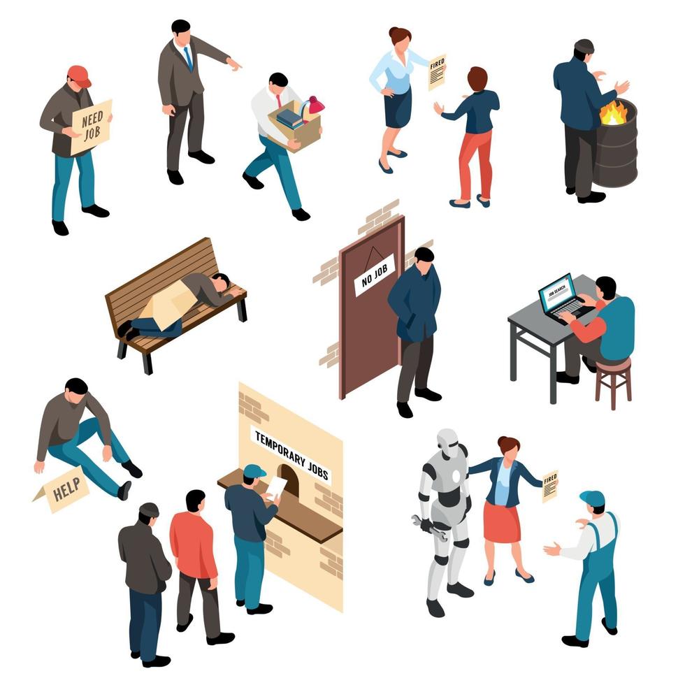 Jobless Isometric Set Vector Illustration