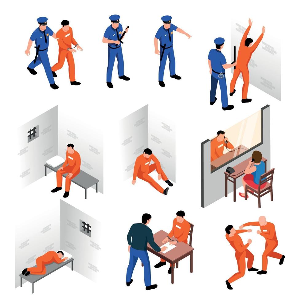 Prison Isometric Set Vector Illustration