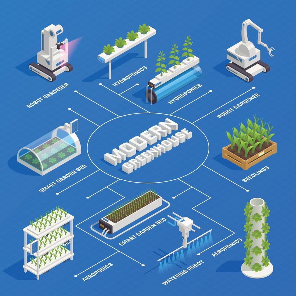 Greenhouse Hydroponics Isometric Flowchart Vector Illustration