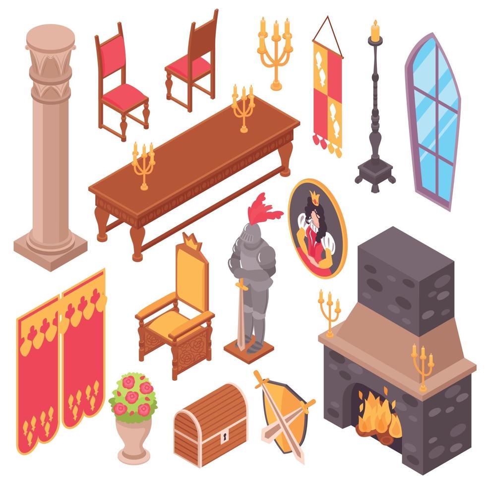 Conjunto de muebles de castillo medieval ilustración vectorial vector