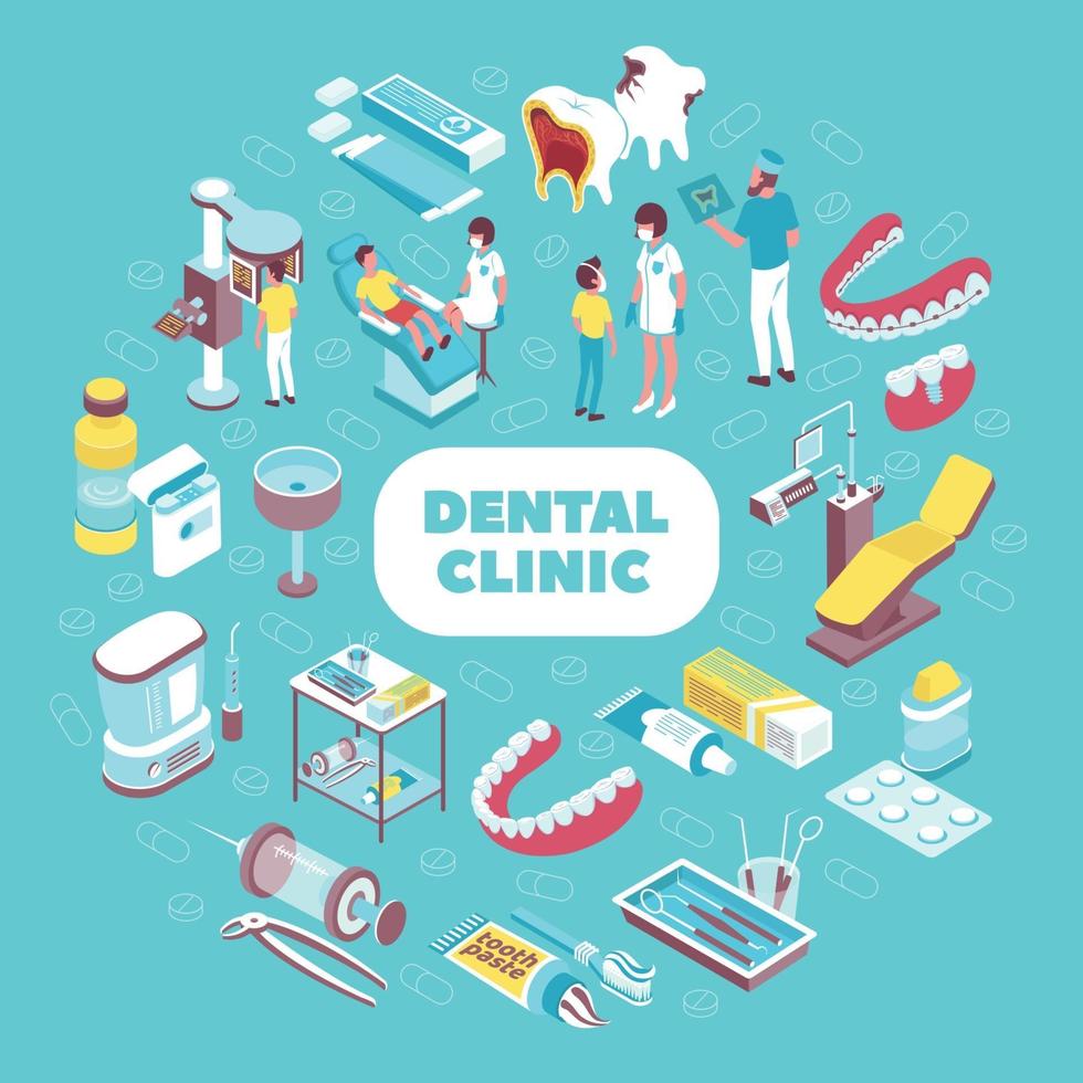 Ilustración de vector de composición isométrica de clínica dental