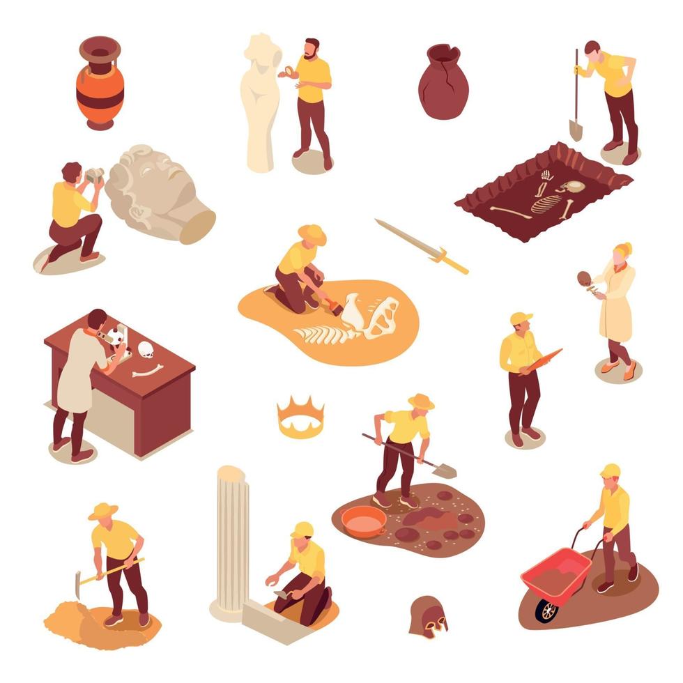 Isometric Archeology Icons Set Vector Illustration