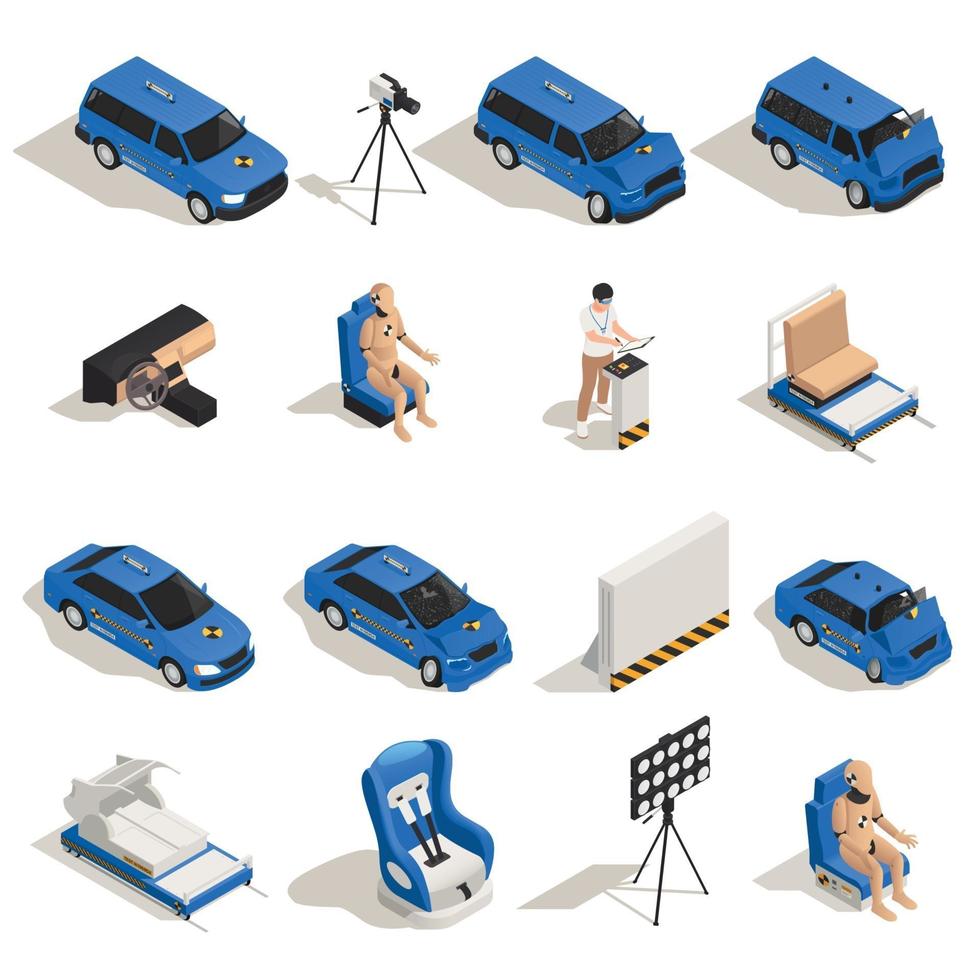 Isometric Crash Test Icons Vector Illustration