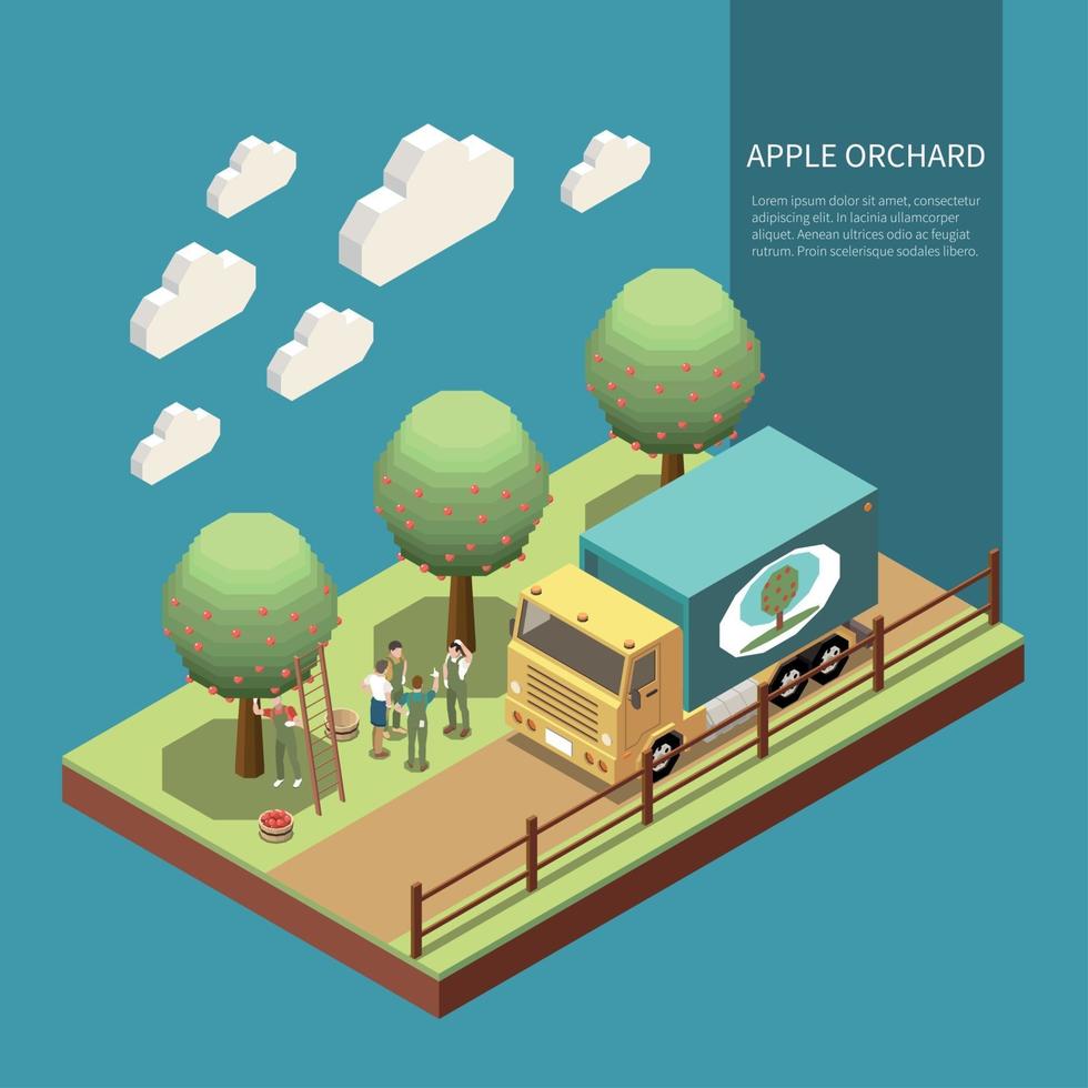 Apple Orchard Isometric Composition Vector Illustration