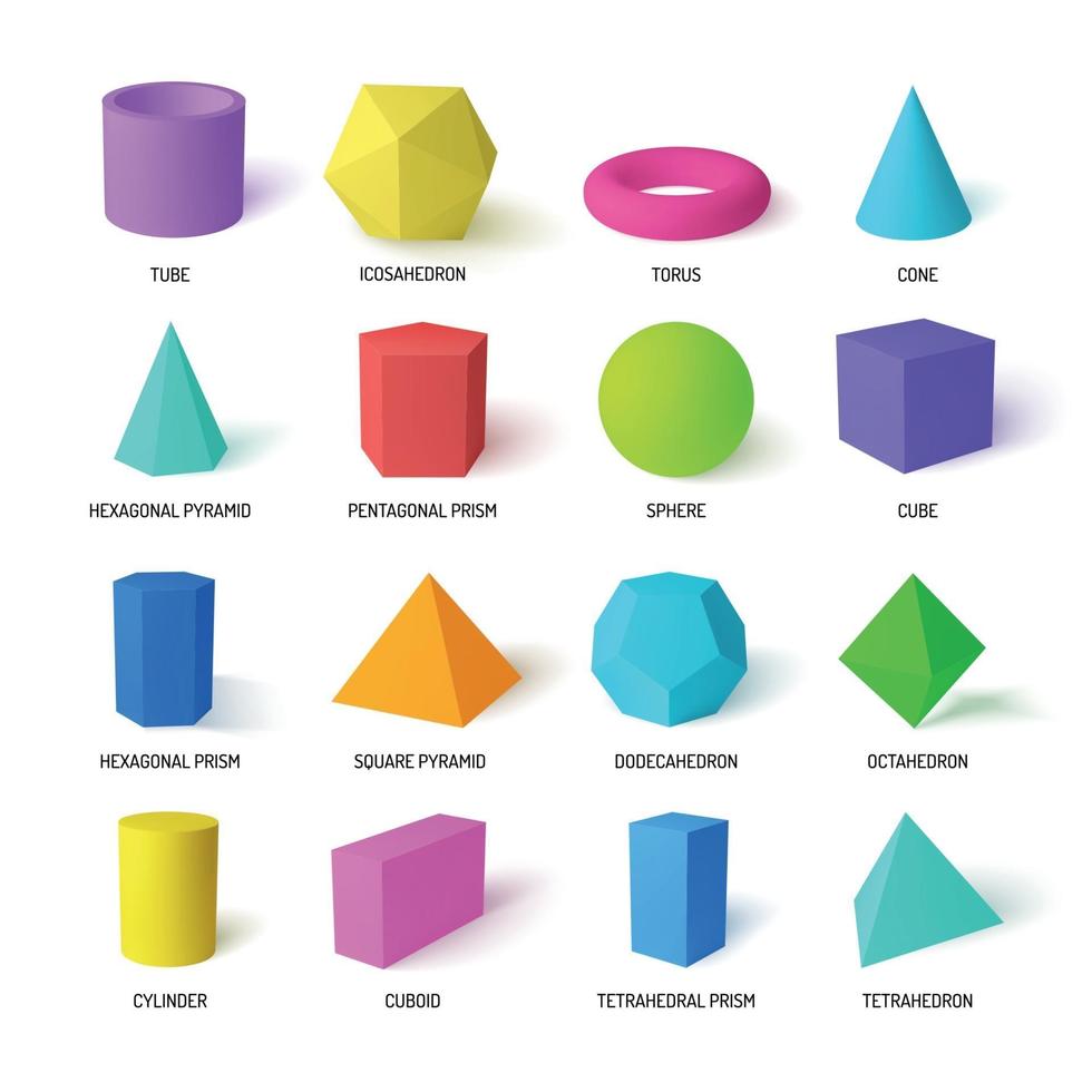 Realistic 3D color basic shapes. Solid colored geometric forms