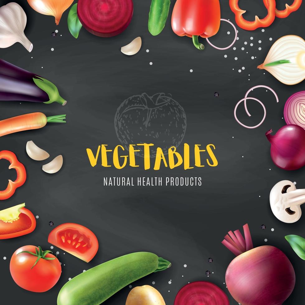 Realistic Vegetables Chalkboard Frame Vector Illustration