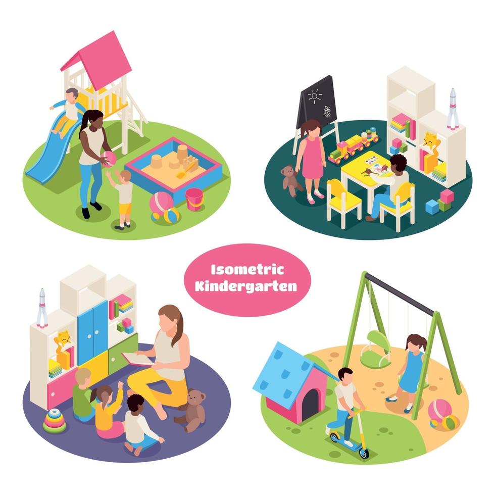 Isometric Kindergarten Compositions Set Vector Illustration