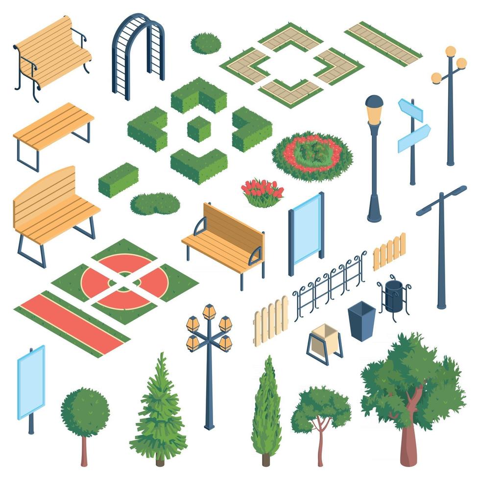 Public Garden Elements Set Vector Illustration