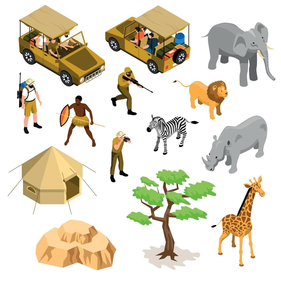 Isometric Safari Icons Set Vector Illustration