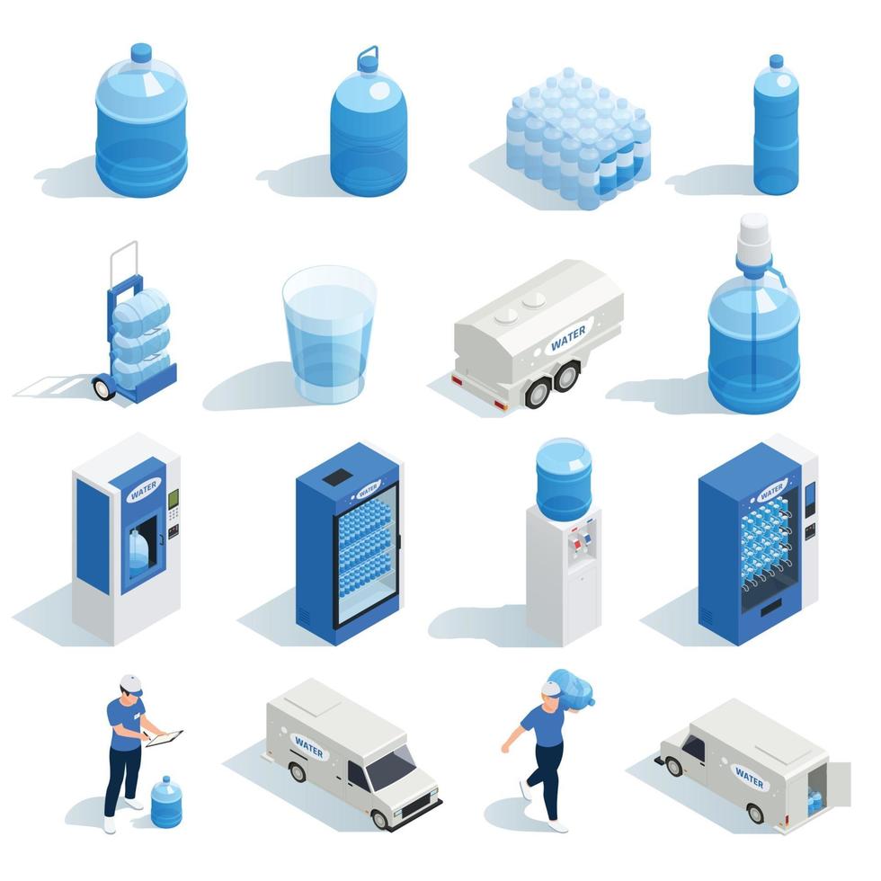 Isometric Water Delivery Set Vector Illustration