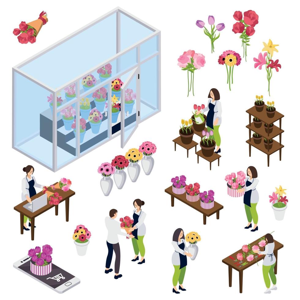 Flower Shop Isometric Icons Vector Illustration