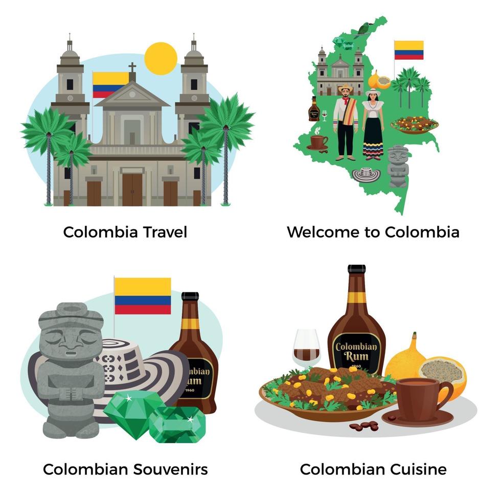 Los iconos del concepto de turismo de Colombia establecen ilustración vectorial vector