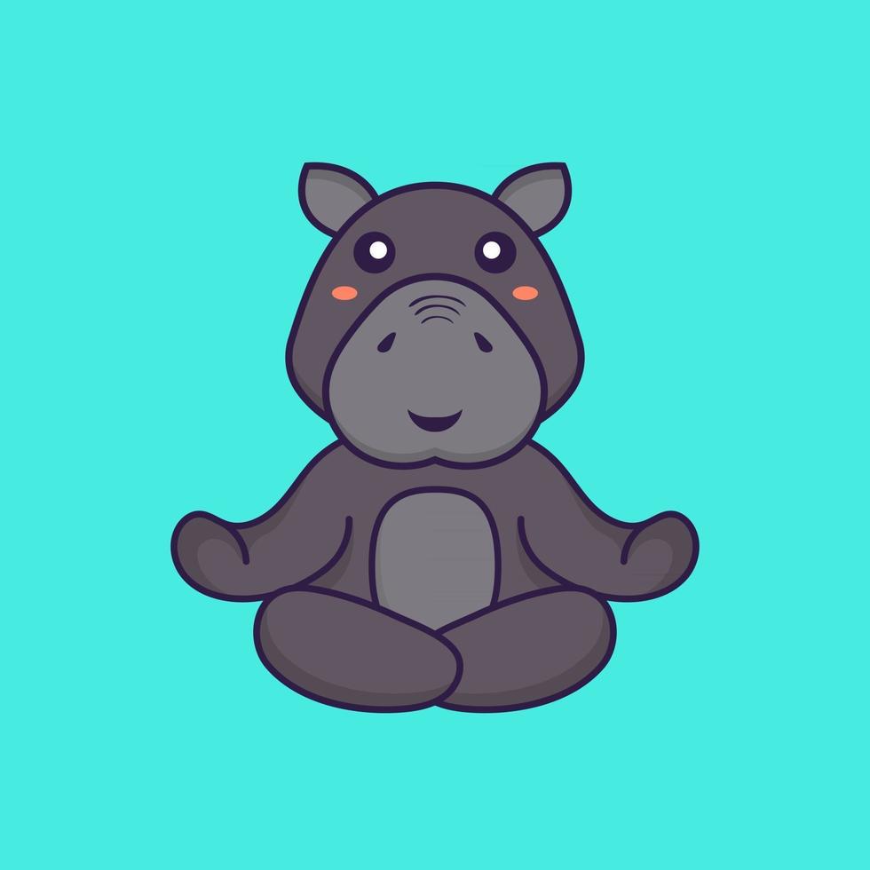 lindo hipopótamo está meditando o haciendo yoga. concepto de dibujos animados de animales. vector