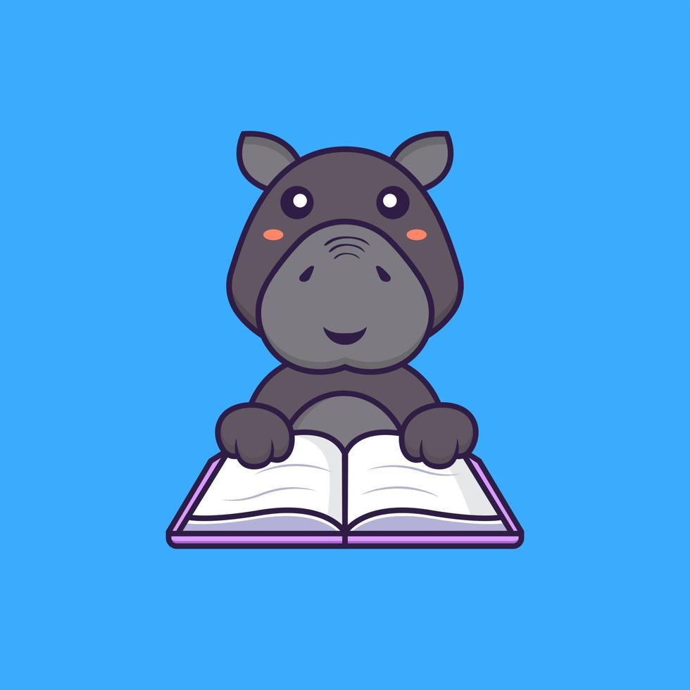 Cute hippopotamus reading a book. Animal cartoon concept. vector