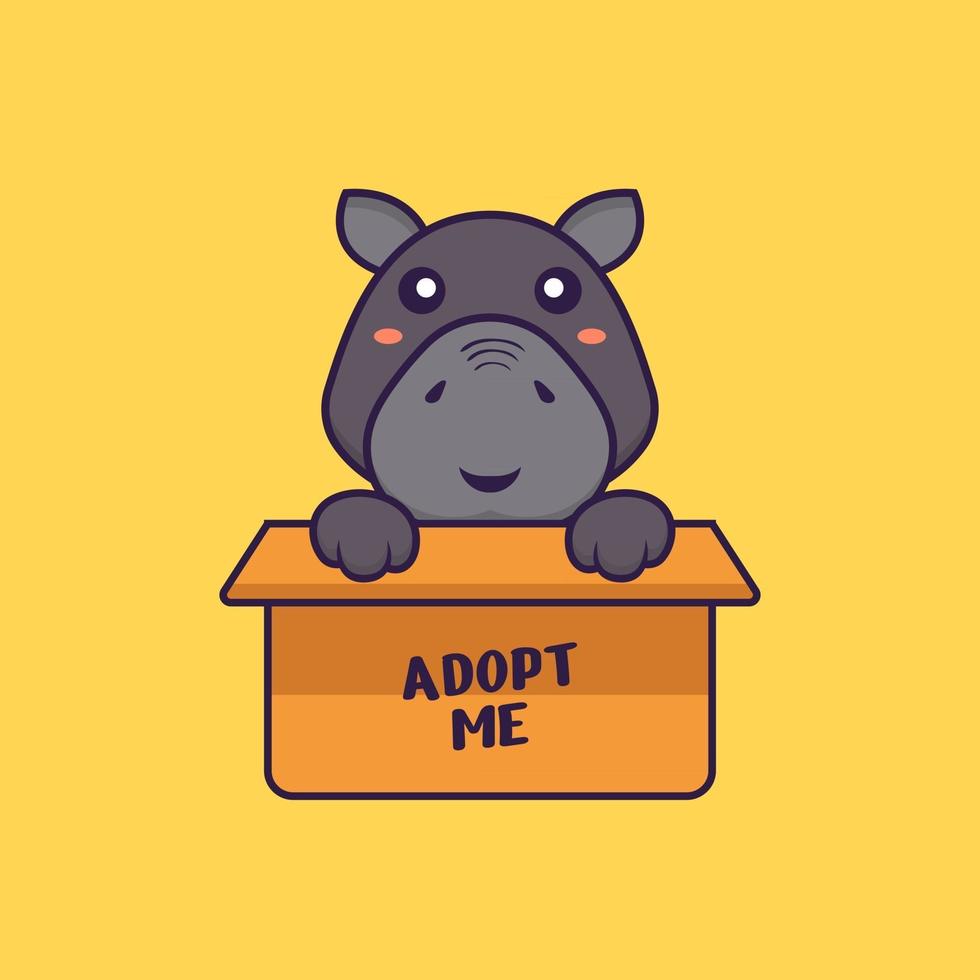 Cute hippopotamus in box with a poster Adopt me. vector