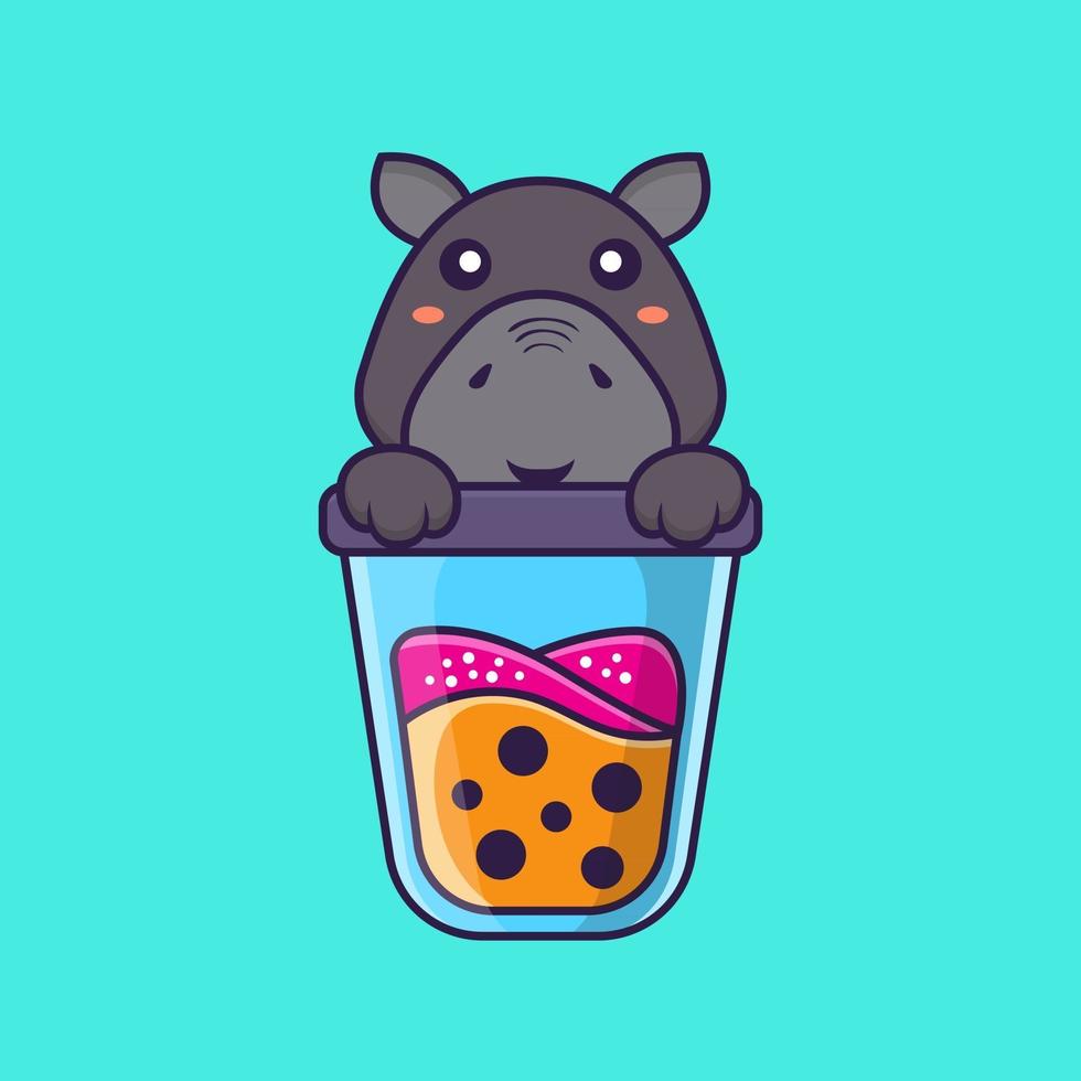 Cute hippopotamus Drinking Boba milk tea. Animal cartoon concept. vector
