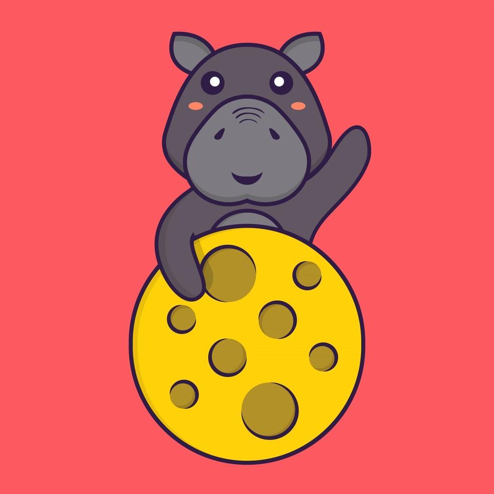 Cute hippopotamus is on the moon. Animal cartoon concept. vector