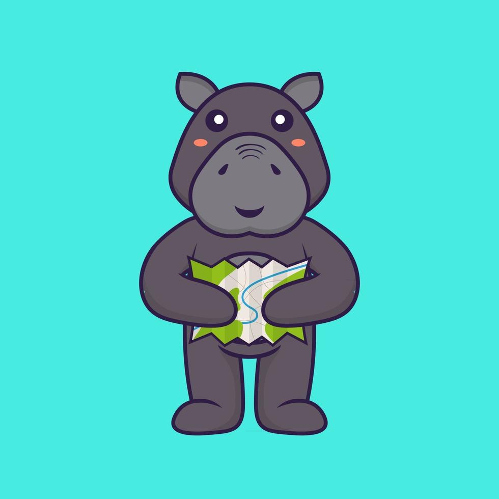 Cute hippopotamus holding a map. Animal cartoon concept. vector