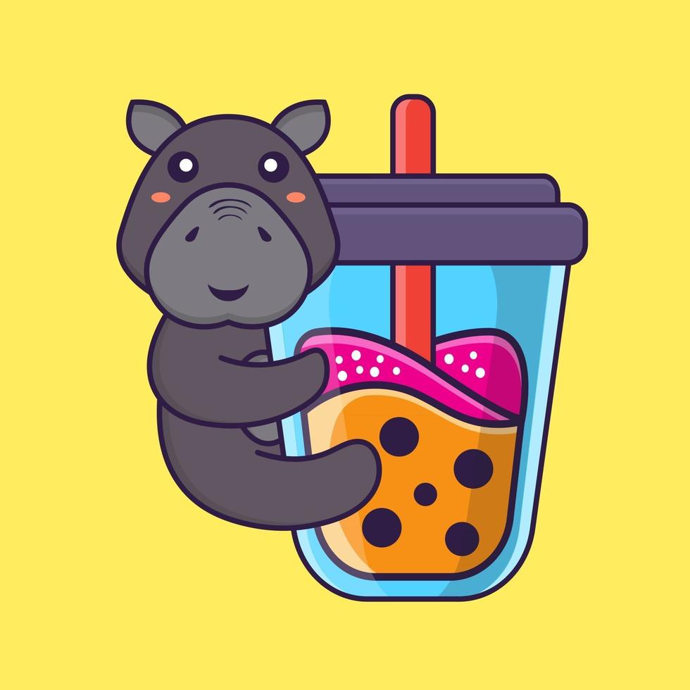 lindo hipopótamo bebiendo té con leche boba. concepto de dibujos animados de animales. vector