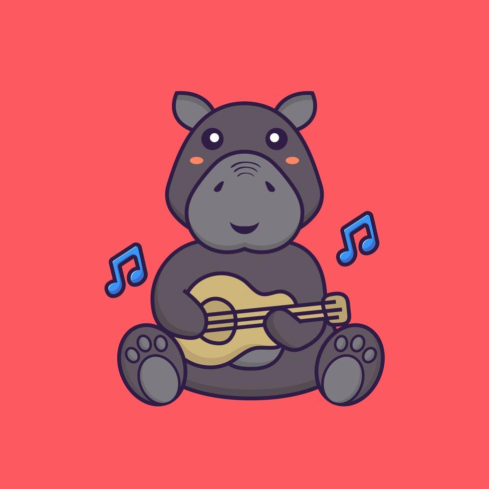 Cute hippopotamus playing guitar. Animal cartoon concept. vector