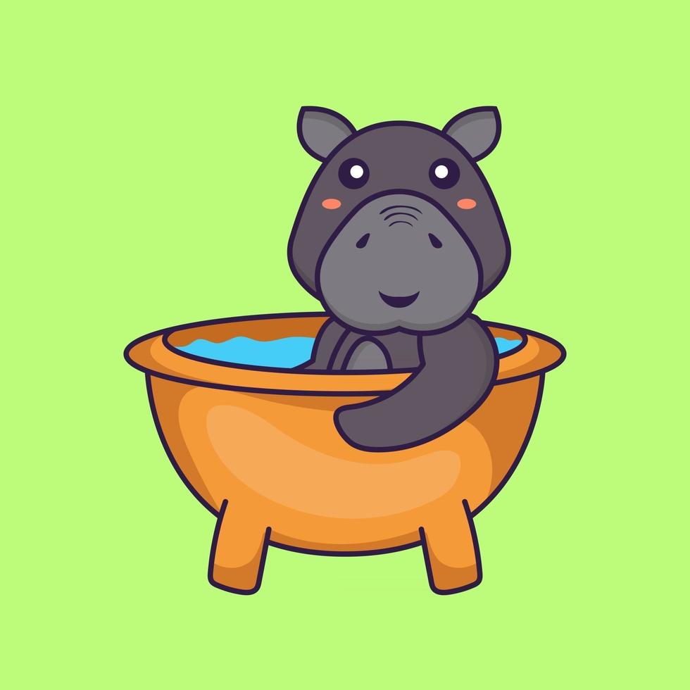 Cute hippopotamus taking a bath in the bathtub. vector