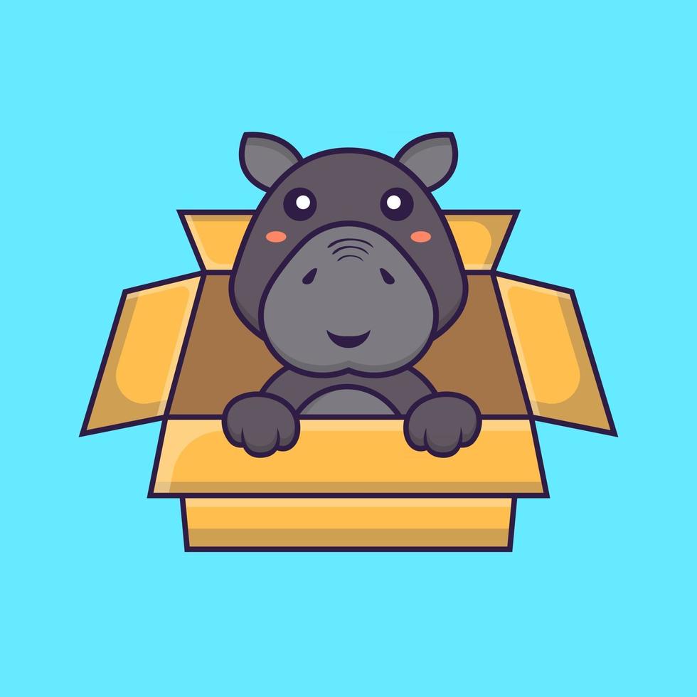 Cute hippopotamus Playing In Box. Animal cartoon concept. vector