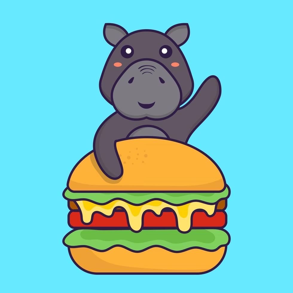 Cute hippopotamus eating burger. Animal cartoon concept. vector