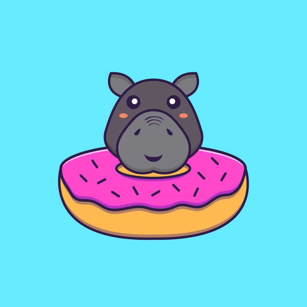 Cute hippopotamus with a donut on his neck. Animal cartoon concept. vector