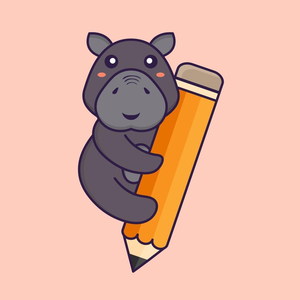 Cute hippopotamus holding a pencil. Animal cartoon concept. vector