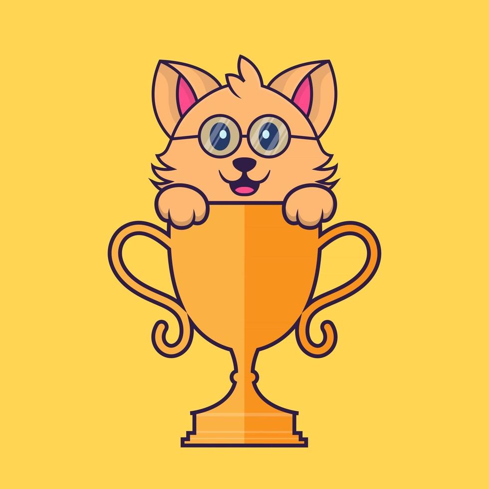 Cute cat with gold trophy. vector