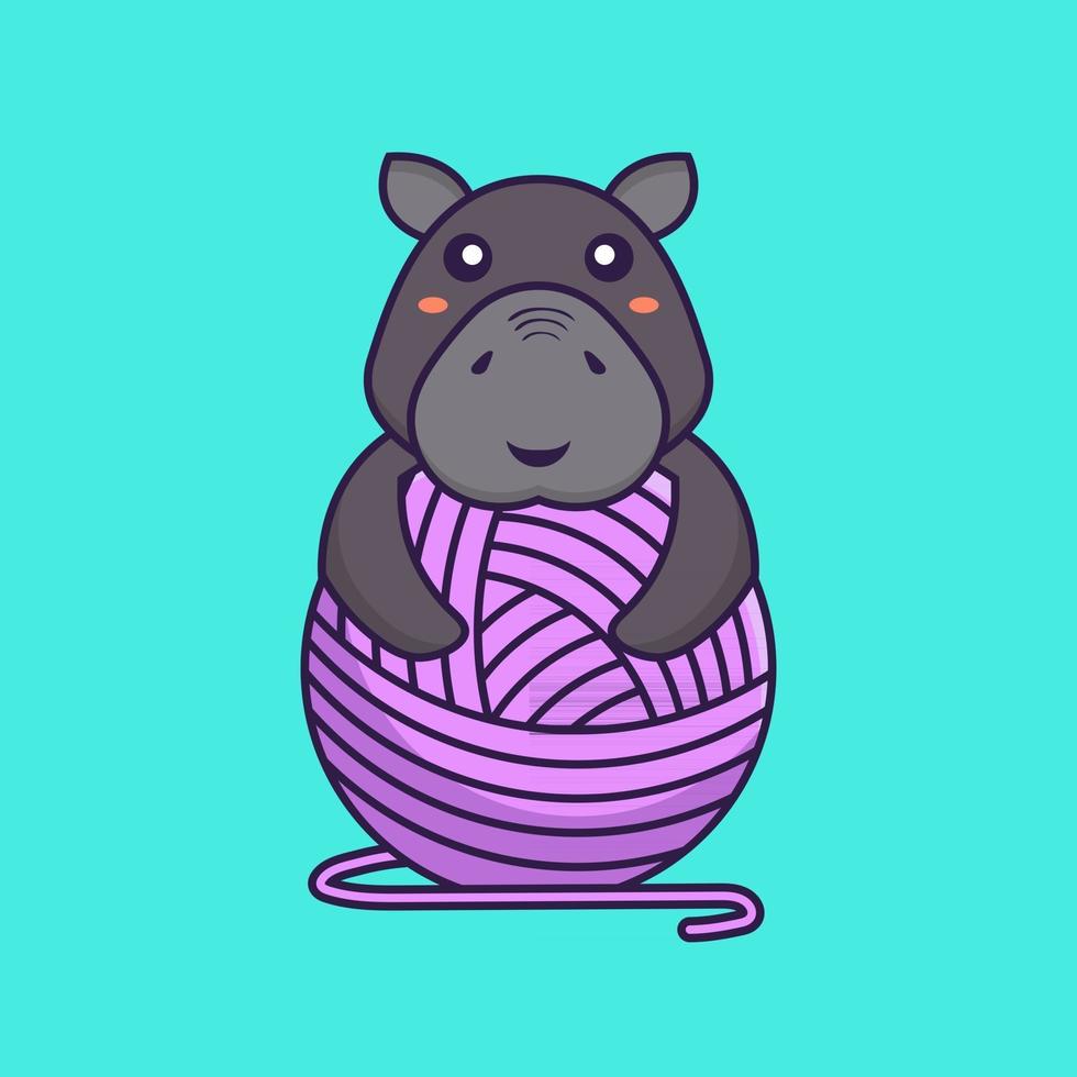 Cute hippopotamus playing with wool yarn. Animal cartoon concept. vector