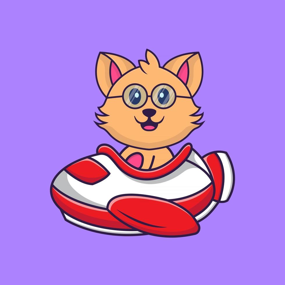 Cute cat flying on a plane. vector