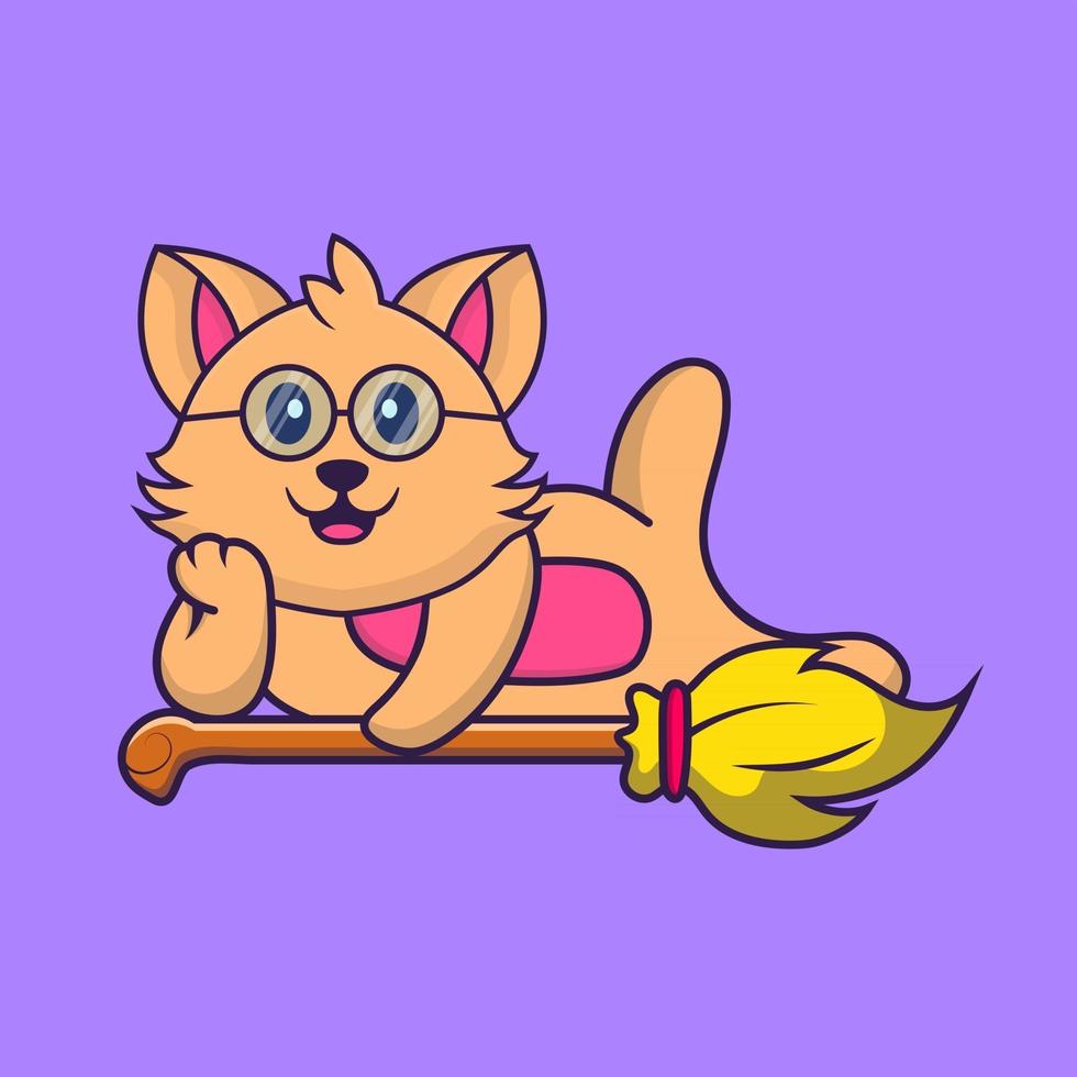 Cute cat lying on Magic Broom. vector