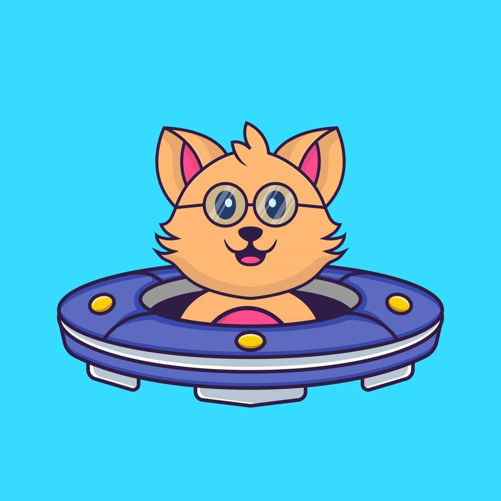 Cute cat Driving Spaceship Ufo. vector