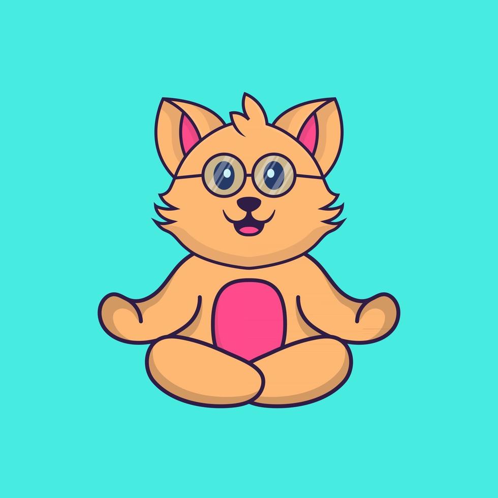 Cute cat is meditating or doing yoga. vector