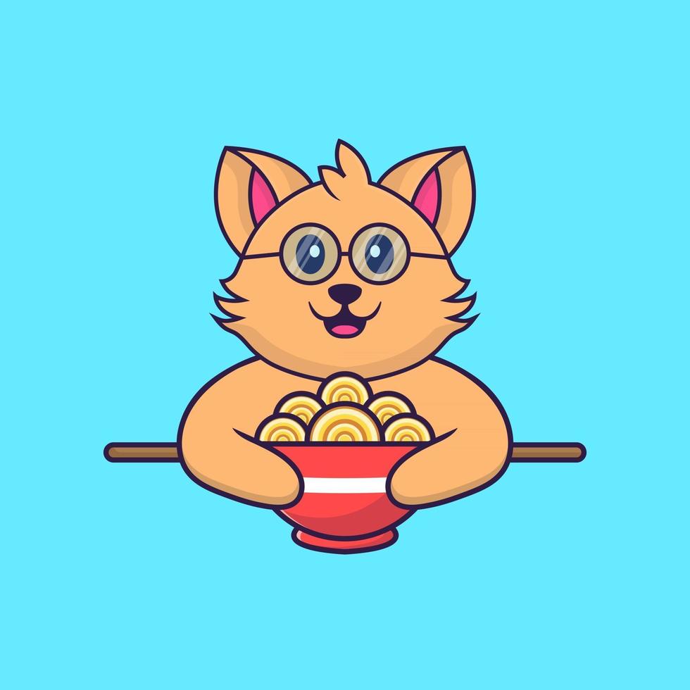 Cute cat eating ramen noodles. vector