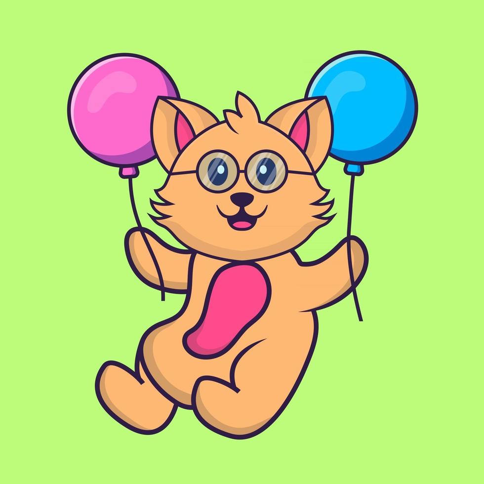 Cute cat flying with two balloons. vector