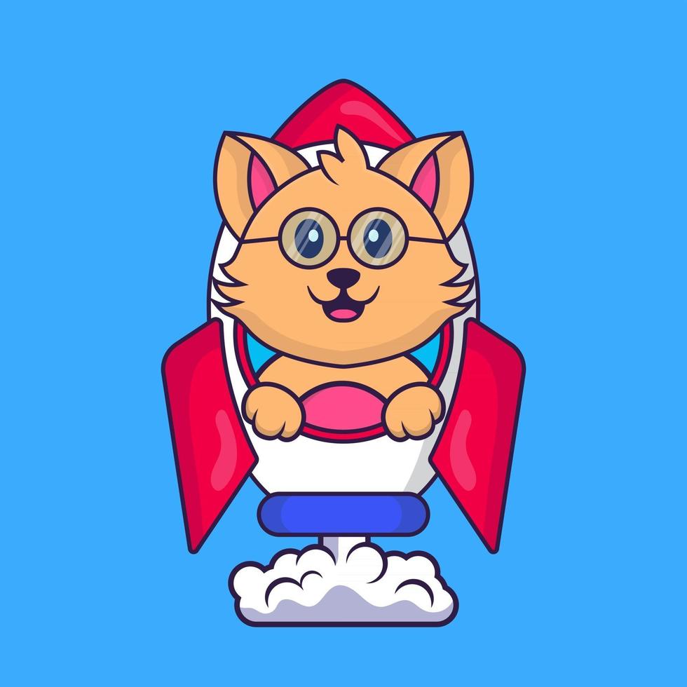 Cute cat flying on rocket. vector